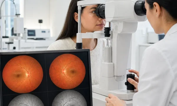 Zdjęcie kolorowe dna oka z autofluorescencją – dwoje oczu